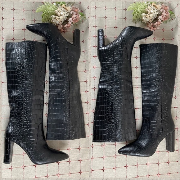 💐HPx3💐 😍 PAIGE Carmen Black Croc Embossed Leather Knee High Boots 6 NWOB - Picture 6 of 7